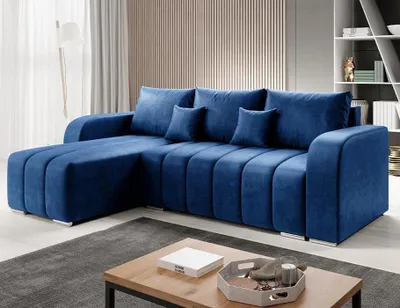 Produktbild von Velvet Ecksofa in L-Form 245 x 86 x 147 cm mit Schlaffunktion und Bettzeugbehälter - Schlafsofa mit Bettkasten - Eckcouch mit Stauraum - Links Couch Velours - Farbe: Blau MO77