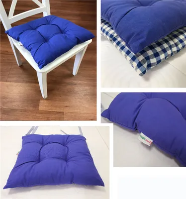 Collage of images showing a blue seat cushion on a white chair, stacked with another cushion, and a close-up of the cushion.