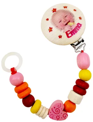 Produktbild von Babyspielzeug Schnullerkette Mädchen mit eigenem Bild und Namen BxLxH 55x20x210mm NEU
