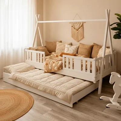 Produktbild von MEBLE WRÓBEL Kinderbett Tipi 90x190 cm – Hausbett aus Kiefer mit Auszugbett - Bett mit Rausfallschutz & Lattenrost - für Jungen und Mädchen - Weiß Spielbett für Kinder