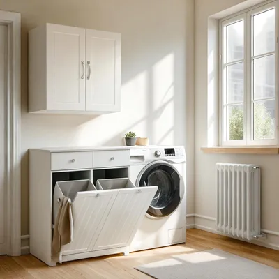Image de Armoire de salle de bain avec panier à linge, noire - 2 tiroirs - MDF - 78x90x38 cm - Meuble de salle de bain