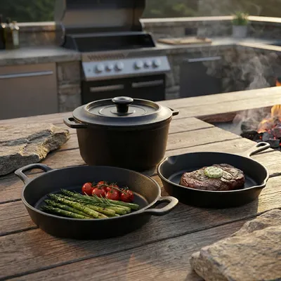 Produktbild von Gusseisen Pfanne und Topf Set für Outdoorküche und Feuer