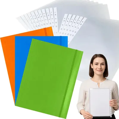Zdjęcie produktu dla Teczka z gumką A4 zestaw 3 szt koszulki A4 100 szt na dokumenty biurowe szkolne organizer