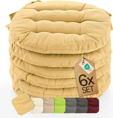 Produktbild von etérea Sitzkissen rund - Stuhlkissen Indoor & Outdoor 6er Set 38x38 cm - Beige - mit Bändern