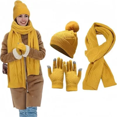 Image de Ensembles 3 en 1 pour l'hiver - Bonnet, écharpe et gants en tricot - Compatibles avec les écrans tactiles - Unisexe - Jaune - Pour les activités hivernales et le ski