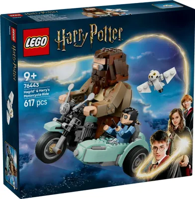Productafbeelding van LEGO Harry Potter: Hagrids en Harry's motorfietstocht, een bewegend motorfiets speelgoed met zijspan en een Hedwig minifiguur, een verjaardagscadeau voor fans van de toverwereld, geschikt voor jongens en meisjes vanaf 9 jaar, artikelnummer 76443