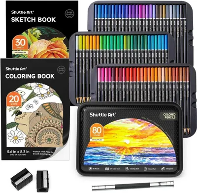 Zdjęcie produktu dla Zestaw 80 kolorowych kredek Shuttle Art kolorowanka szkicownik temperówka przedłużacz drewniane kredki