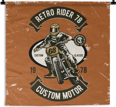 Produktbild von MuchoWow® Wandteppich Wandbehang Motorrad - Mann - Retro 150x150 cm Tapisserie Dekoration Wandtuch - Wohnaccessoires - Modernes
