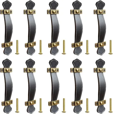 Obrázek produktu pro 10 černých kožených úchytů (128 mm) se šrouby pro skříně, zásuvky a dveře