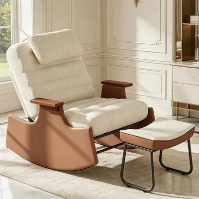 Produktbild von INONEFT Schaukelstuhl mit Fußstütze,Relaxsessel 3-stufig verstellbar, Relaxsessel mit Kopfstütze,Relaxstuhl Sessel Stuhl  ,Beige,Cord