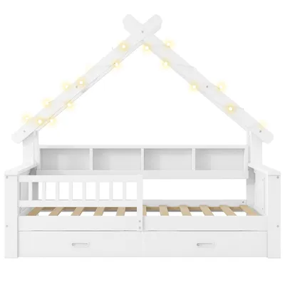 Produktbild von Merax Tagesbett Kinderbett in Hausform 90x200 cm, Daybett mit LED-Beleuchtung, USB, Ablagefächern und Schubladen, Schlafsofa Jugendbett, Weiß