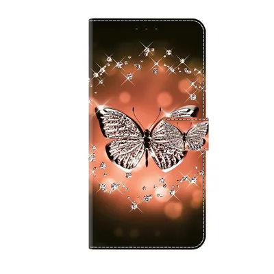 A phone case with a butterfly and diamond pattern.