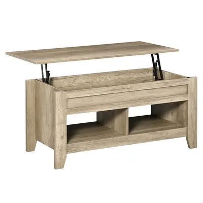 Image de HOMCOM Table basse plateau relevable, table de salon avec étagères et compartiment caché,105 x 50 x 49-62,5 cm pour salon, chambre, aspect chêne clair
