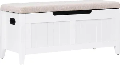 Image de Banc de rangement - Coffre - 2 charnières de sécurité - Couvercle rabattable - Structure en bois - Coussin d'assise rembourré - Blanc