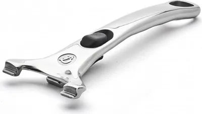 A shiny metal handle with a black button, isolated on a white background.