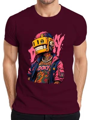 Produktbild von Doky Cyberpunk Roboter Maske Tattoo Drache Urban Japan Y2K Retro Herren T-Shirt, Burgundy, S