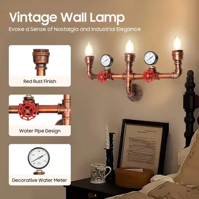 Produktbild von Industrielle Retro Wandleuchte - Wandlampe im Wasserrohr-Design - 3-flammig, E27, Klarglas, Schirme nach oben, Eisen, ohne Leuchtmittel - Rostbraun