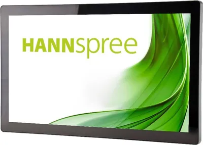 A monitor displaying a logo and abstract green design.