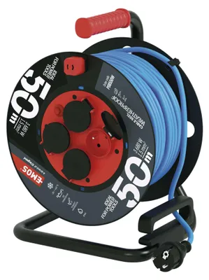 Počasí odolný prodluž. kabel na bubnu 50 m / 4 zásuvky / modrý / PVC / 230 V / 1,5 mm2