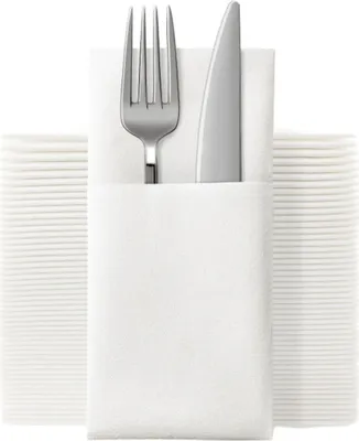 Produktbild von 50 Packungen Einweg-Servietten in Leinenoptik Mit Integrierter Bestecktasche, Bedruckte Vorgefaltete Stoffservietten Aus Papier Für Hochzeit, Abendessen Oder Party(Weiß)