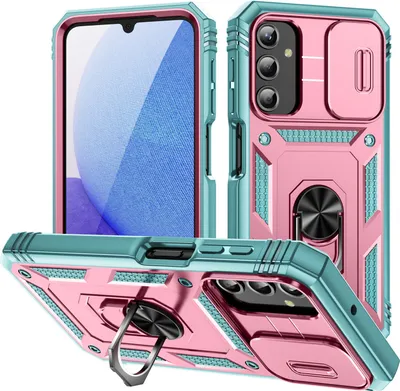 Image de Etui pour Samsung Galaxy A25 avec protection coulissante de l'appareil photo, résistant aux chocs, avec porte-anneau, support et porte-cartes Vert Rose