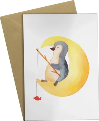 Produktbild von Mr. & Mrs. Panda Grußkarte Pinguin Mond - Weiß - Geschenk, Erschöpft, Spruch, Grußkarten, Schlafzimmer, Süßigkeiten, einladungskarten, schlafen, weihnachtskarten