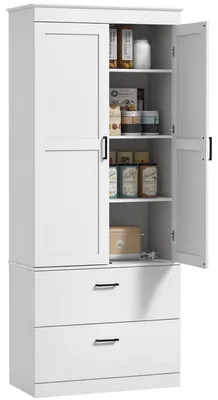 Produktbild von HOMCOM Küchenschrank, Hochschrank mit verstellbaren Regalen, 2 Schubladen, Creme
