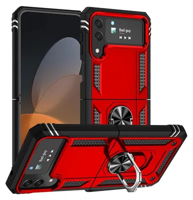 A red and black protective case for a foldable smartphone is displayed, showing its features like a ring stand and a small screen.