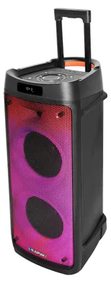 A portable Bluetooth speaker with colorful lighting.