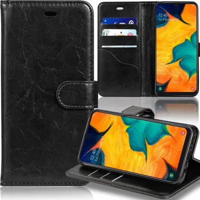 A black wallet-style phone case with a Samsung Galaxy A30 phone inside.