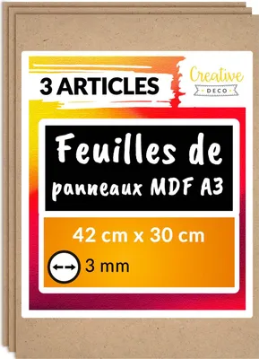 Image de Creative Deco 3 x A3 Panneau MDF 420 x 300 x 3 mm - Planche Bois Brut