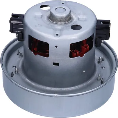 A vacuum cleaner motor with red internal components and black electrical connectors, shown from a slightly elevated angle against a white background.