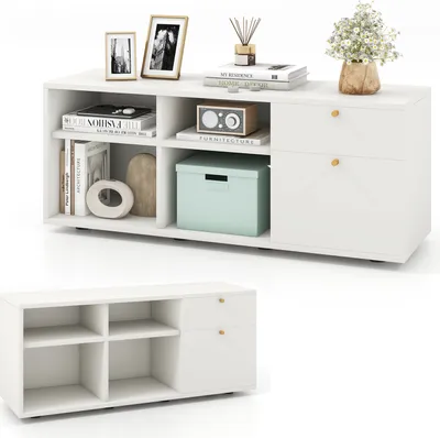 Immagine prodotto di KOMFOTTEU Mobile contenitore con 4 scomparti semiaperti e 2 cassetti, mobile contenitore multifunzionale con piedini regolabili, credenza in legno, 108 x 39 x 50 cm, bianco