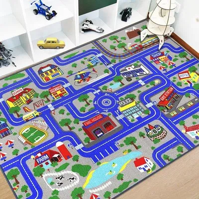 Obrázok produktu pre Uniqoos® herný koberec s motívom mesta – vzdelávací, protišmykový koberec pre deti vyrobený z nylonu, 150 × 200 cm, ideálny do detskej izby a herne