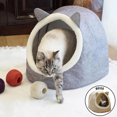 Produktbild von Katzenhöhle Filz Beige 40x34x35 cm – Faltbares Katzenbett, Haustierhöhle für Katzen & kleine Hunde, gemütliches Katzenhaus