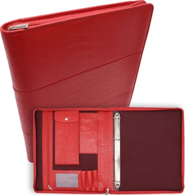 Produktbild von Paris Leder-Schreibmappe – Konferenzmappe – Dokumentenmappe A4 – Tablet-Hülle und Laptop-Hülle – abnehmbarer Ringordner – rotes Krokodil