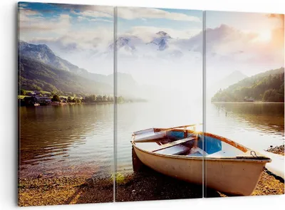 Produktbild von Bild auf Leinwand - Leinwandbild - Berge See Boot - 105x70cm - Wand Bild - Wanddeko - Wandbilder - Leinwanddruck - Bilder - Kunstdruck - Wanddekoration - Leinwand bilder - Wandkunst - CE105x70-3927