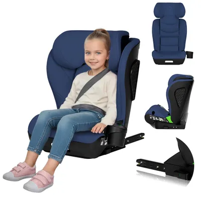 A young girl is sitting in a blue car seat, with additional views of the car seat components.