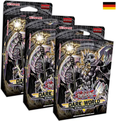Three Yu-Gi-Oh! Dark World Structure Decks are displayed in a staggered arrangement against a white background.