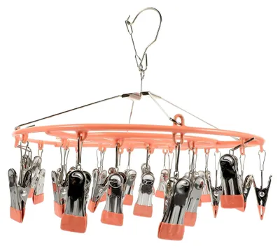 Produktbild von Sockenhalter Kleiderbügel mit 24 stabilen Metallclips, windfester Wäscheständer für Unterwäsche, Handschuhe und Socken in Rosa für Haushalt und Outdoor
