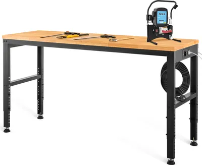 Zdjęcie produktu dla SucceBuy Stół warsztatowy z regulacją wysokości, 183 x 64 cm, wysokość 72 - 97 cm, nośność 900 kg, gniazda, blat z twardego drewna, metalowa rama, podkładki pod stopy, biuro, warsztat domowy