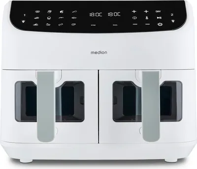 Produktbild von MEDION P20 XXL Heißluftfritteuse mit 2 Kammern (8,7 Liter, Airfryer, 2.600 Watt, Doppelkammer, 10 Automatikprogramme, 2 Schubladen, Sichtfenster, Dualer Airfryer, ILAG PFAS-frei, MD11760) matt weiß