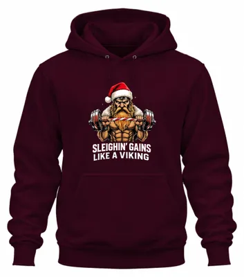 Obrázek produktu pro Uni mikina s kapucí Sleighin' Gains Like A Viking Father Christmas Gym Fitness, vínová, L