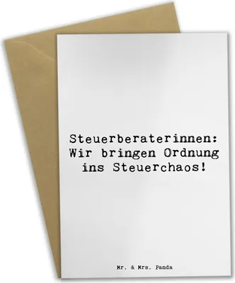 Produktbild von Mr. & Mrs. Panda Klappkarte Spruch Steuerberaterin Ordnung - Weiß - Geschenk, Danke, Berufe, einladungskarten, dankeskarten, Wir bringen ins Steuerchaos, Berufsalltag
