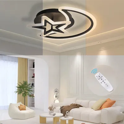 Image de Plafonnier LED 48 W, étoiles et lune, plafonnier moderne 55 × 42 × 7 cm, télécommande, intensité et couleur de la lumière réglables, pour chambre à coucher, salon, salle à manger