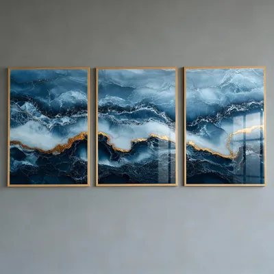3er-Set abstrakte Marmor-Poster, marineblau/gold, 50x70 cm