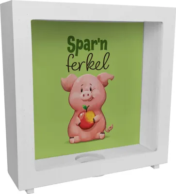 Produktbild von Schwein Rahmen Spardose aus Holz mit Spruch Sparnferkel