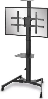 A black TV stand with a TV mounted on it, shown against a white background.