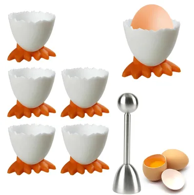 6er-Set Eierbecher mit Eieröffner, Cartoon-Design, Kunststoff