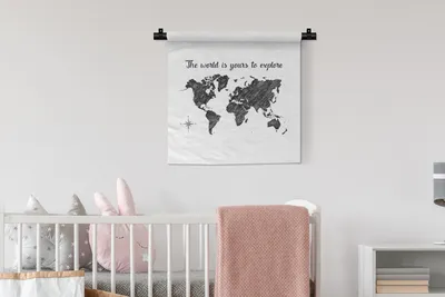 Produktbild von MuchoWow® Wandteppich Wandbehang Weltkarte - Schwarz und weiß - Zitat 60x60 cm Tapisserie Dekoration Wandtuch - Dekorationen - Wand Decke